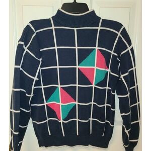 Vtg 80s Women's Aurea Geometric Mock Neck Sweater Stranger Things 100% Cotton M